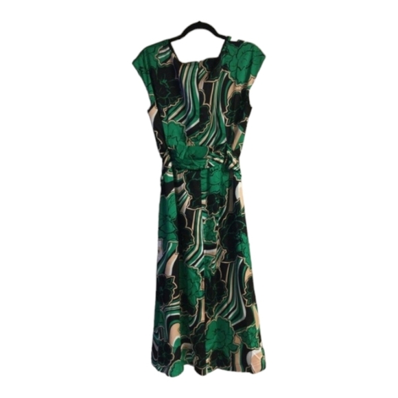 NWT Anne Klein Emerald Abstract Floral Belted Midi Dress - Picture 4 of 7